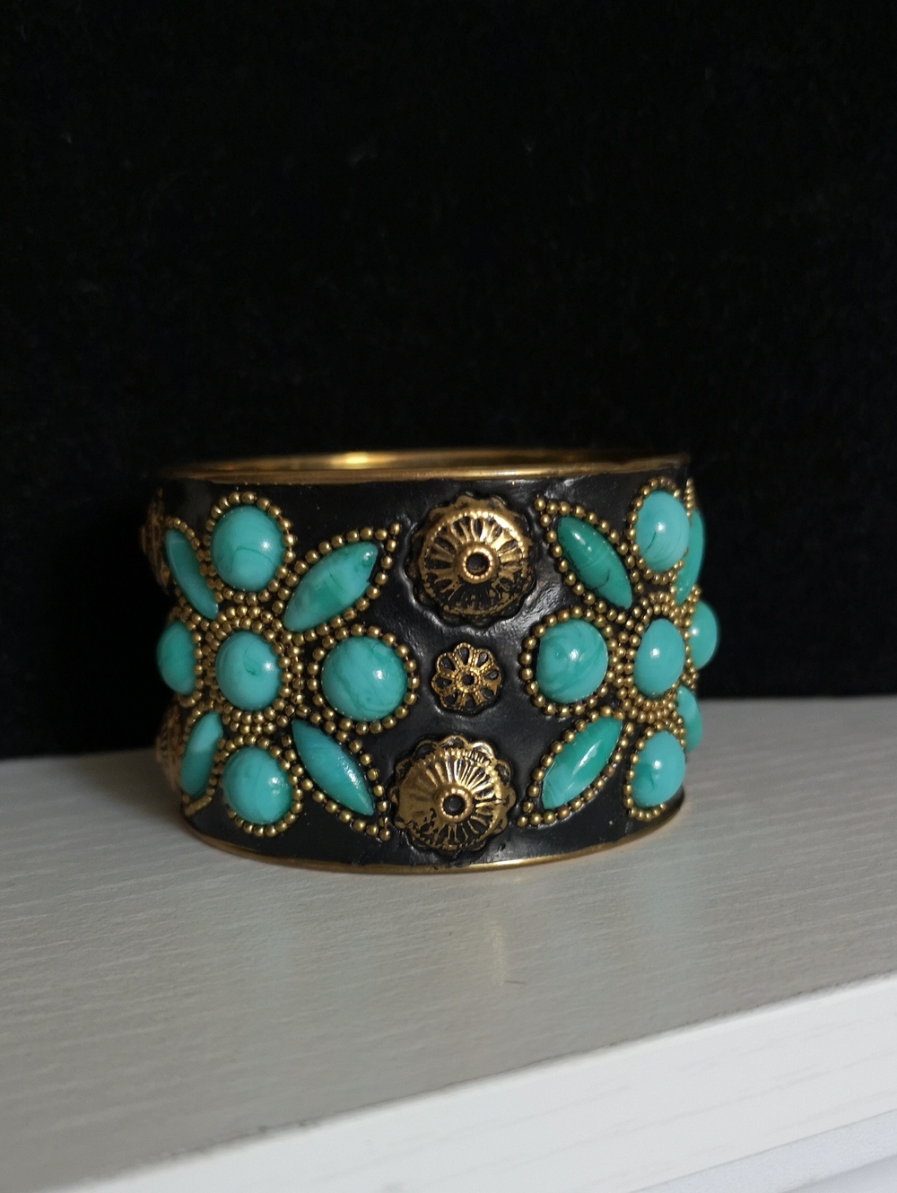 Gorgeous Estate Statement Cuff Bracelet Brass / Cooper "Turquoise" Accents 3"